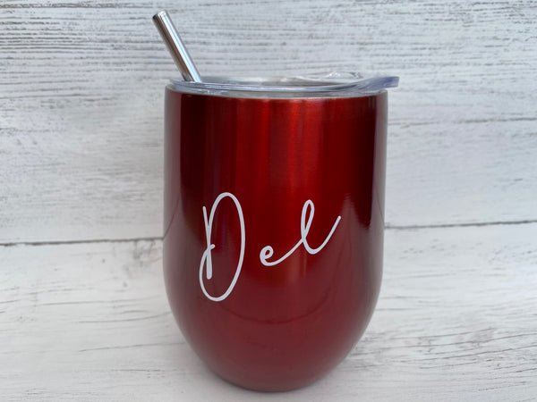 Dark Red Personalised stainless steel wine glass with straw