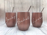 Rose Gold Personalised stainless steel wine glass with straw