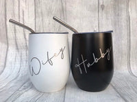 White Personalised stainless steel wine glass with straw